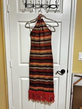 SHEIN Multicolor Striped Halter Maxi Dress with Fringe